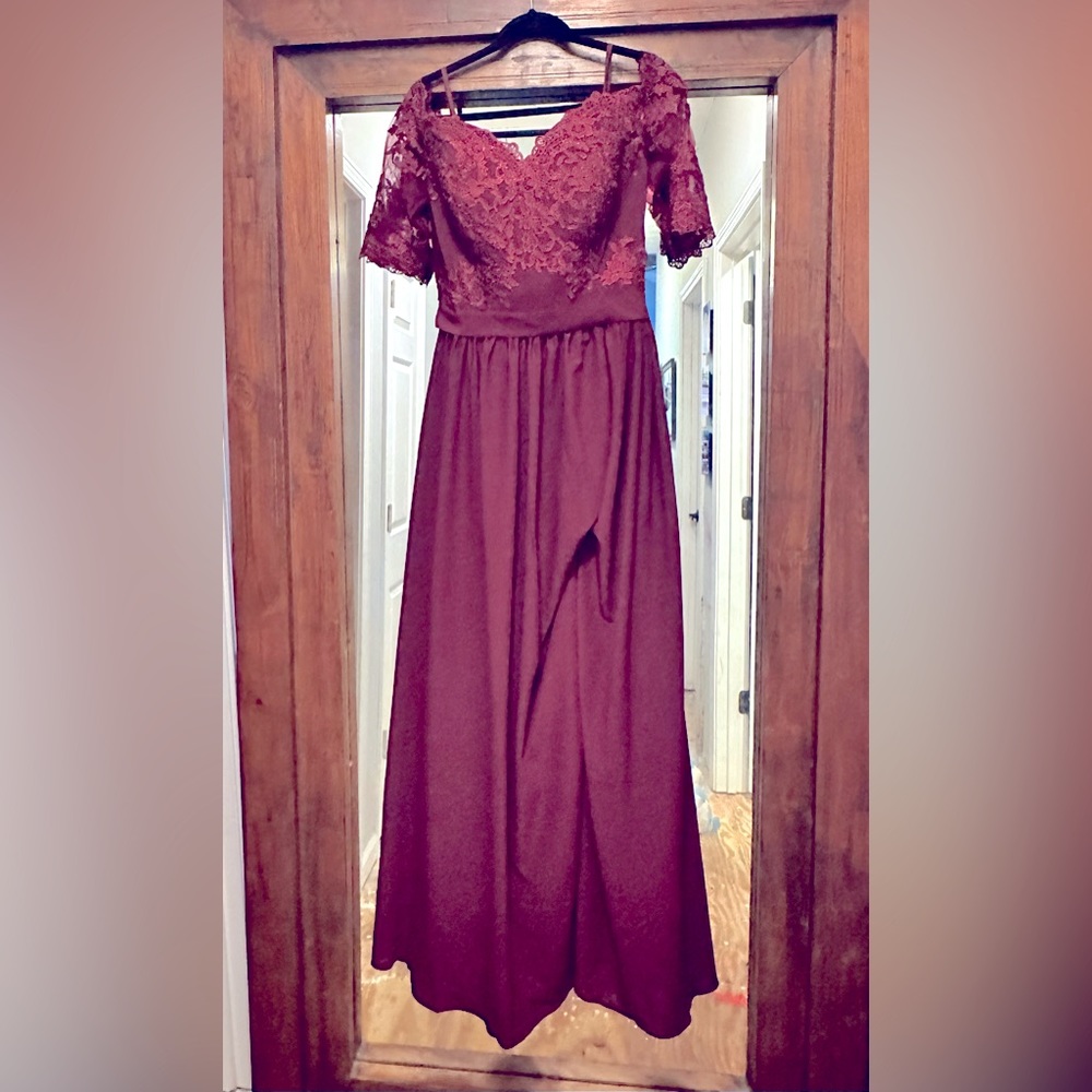 Floor length burgundy formal dress with lace bodice and slit on left leg - Picture 3 of 5